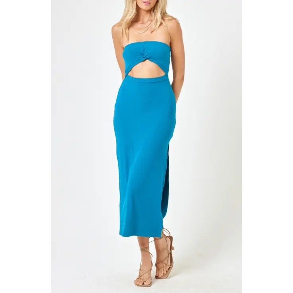 L*Space Teal Blue Ribbed Strapless Twist Back Cutout Maxi Dress Large